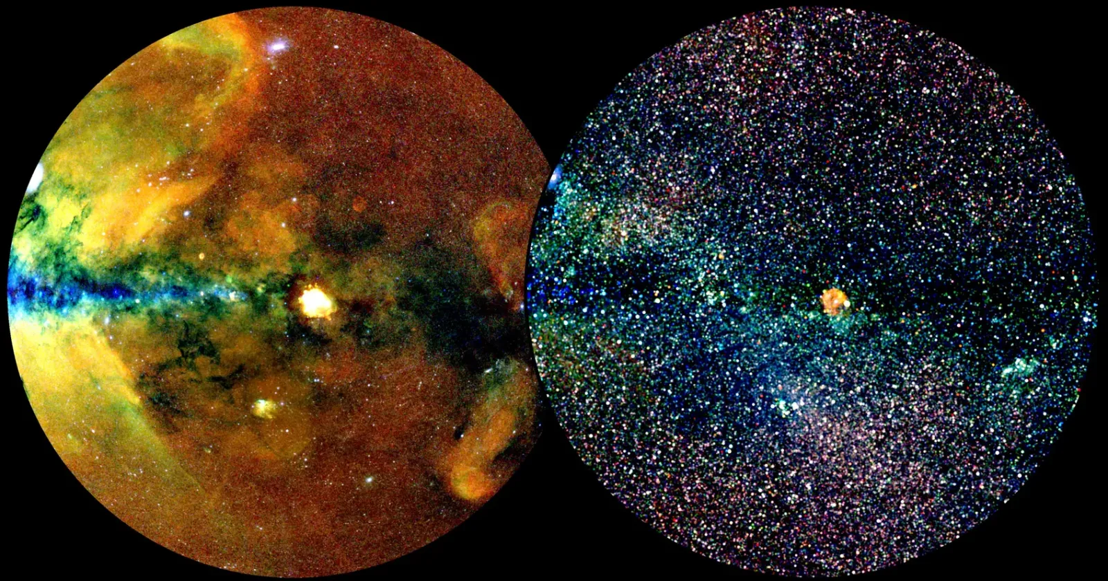 The sky section of the eRosita All-Sky Survey Catalogue (eRASS1) in two different representations from DR1. The left image shows extended X-ray emission while the right image shows point-like X-ray sources.