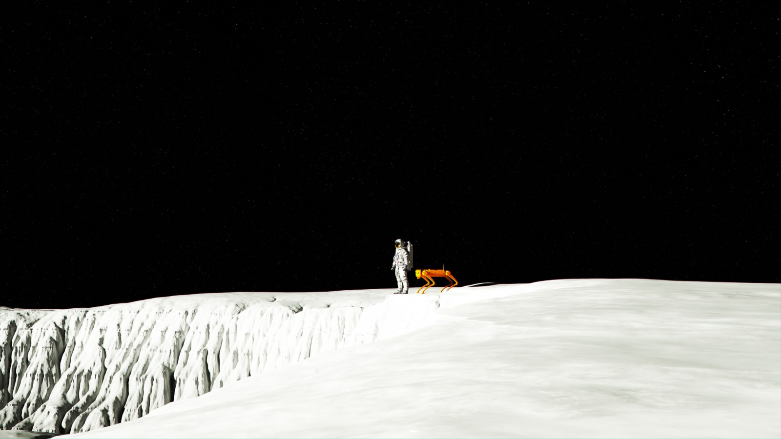 Illustration of an astronaut and a robotic dog standing next to a cliff on the Moon.