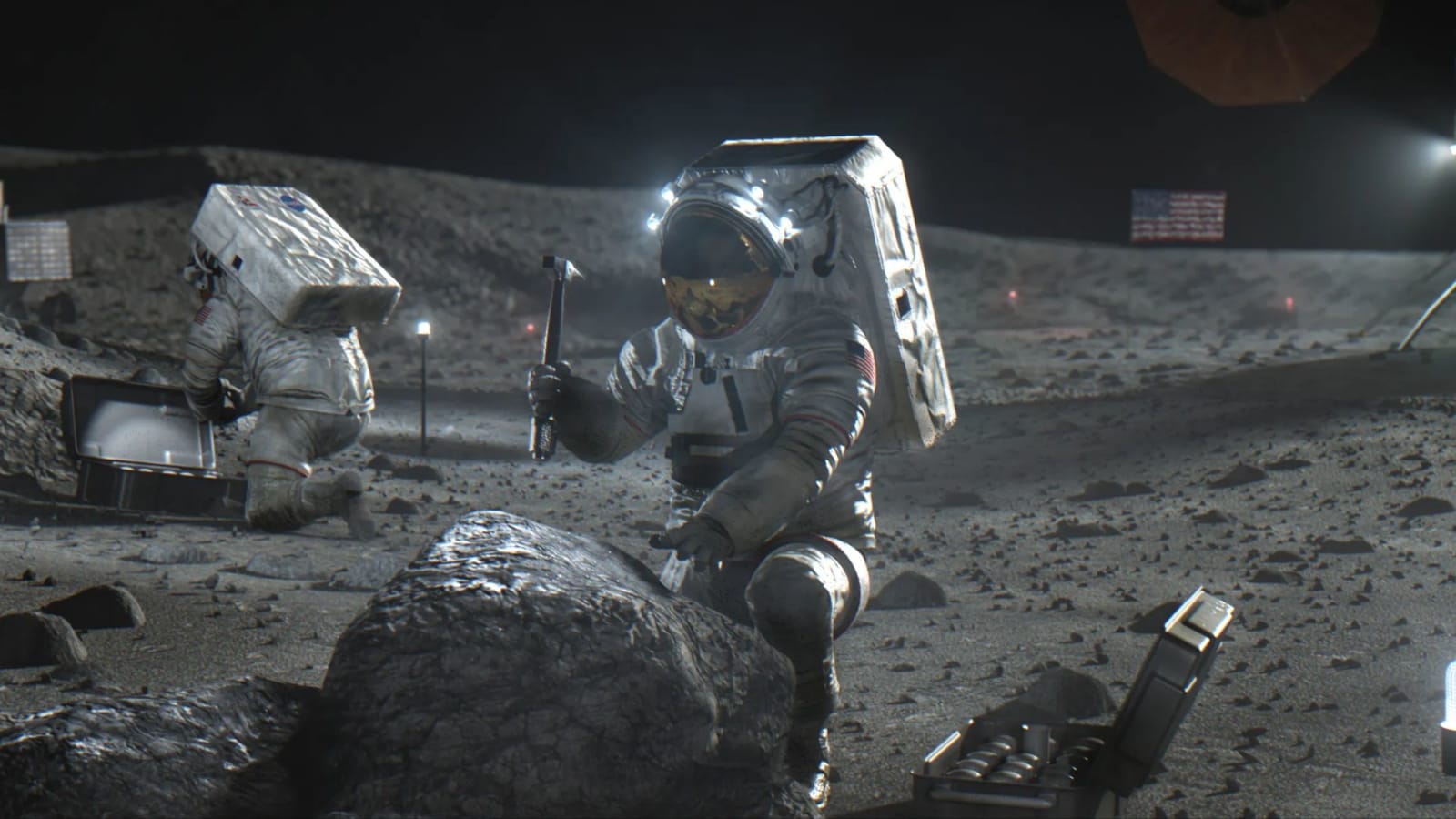 Artist's concept of NASA's Artemis astronauts working on the Moon.