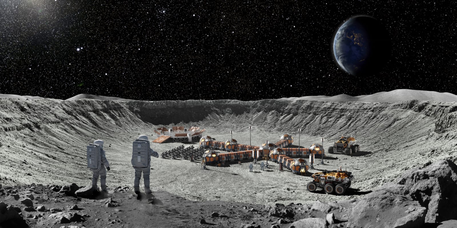 Two astronauts with backpacks standing at the edge of a large crater looking down on a moon base.
