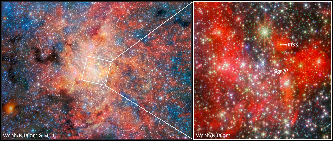 Webb telescope's view of region housing the star IRS 3 at Milky Way's center through NIRCam and MIRI.