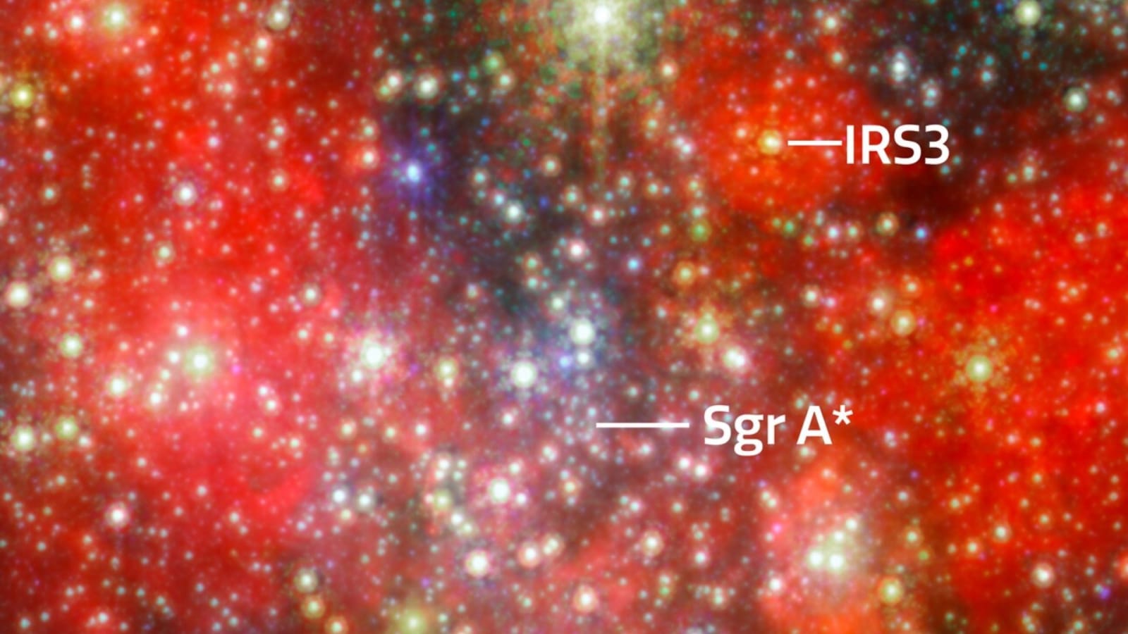 James Webb Space Telesecope's view of the region housing the star IRS 3, which is located just 0.55 light-years from Sagittarius A*.
