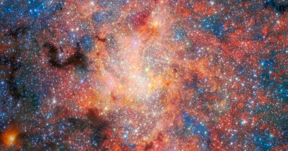 A composite image of the region hosting the star IRS 3 and black hole Sagittarius A* captured using Webb telescope's NIRCam and MIRI. (Cover Image Source: ESA/Webb, NASA & CSA)