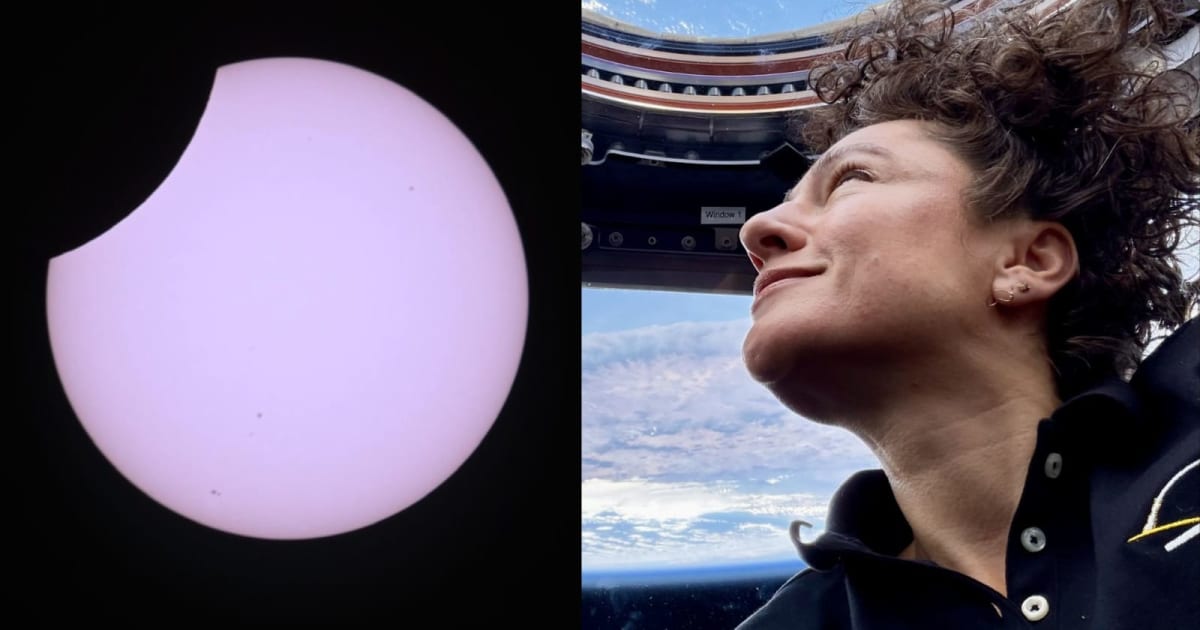 The partial solar eclipse captured by astronaut Jessica Meir from the ISS, August12 (L); Meir looking at Earth through the space station's cuppola window (R). — (Cover Image Source: X@Astro_Jessica)