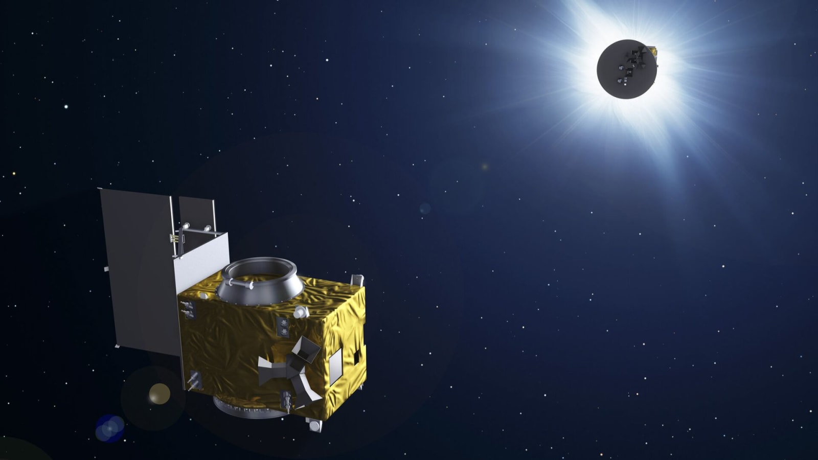 Artist's concept of the Proba-3 satellites creating an artificial solar eclipse in low-Earth orbit.