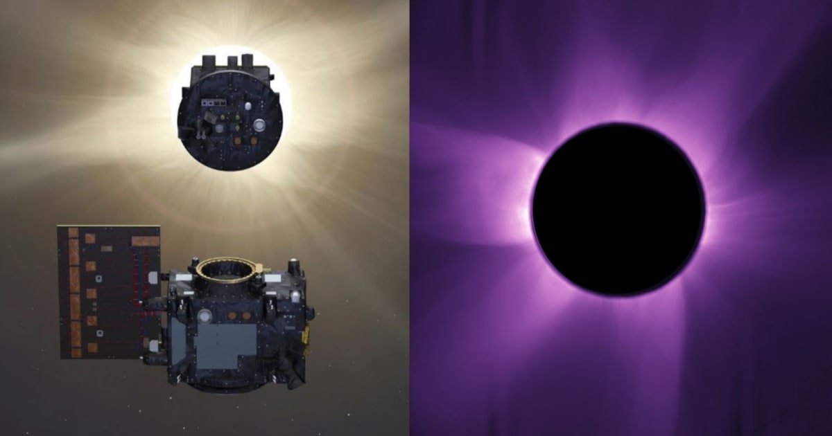 Artist's concept of Proba-3 satellites creating a total solar eclipse in space (L); Image of the solar corona by Proba-3 coronagraph during an artificial eclipse (R). (Representative Cover Image Source: ESA)