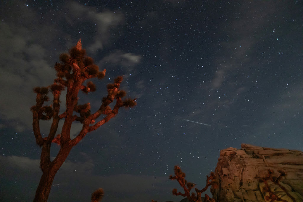 A view of the skies as the Perseid Meteor Shower is captured over Joshua Tree National Park on August 13, 2026 in Joshua Tree, California
