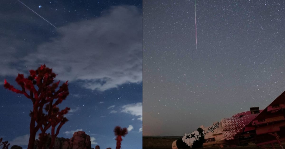 Perseid Meteor Shower is captured over Joshua Tree National Park, California, US (L); A meteor streaks above a destroyed aircraft in Israel, August 12, 2026 (R). — (Cover Image Source: Getty/Apu Gomes-AP/Ohad Zwigenberg)