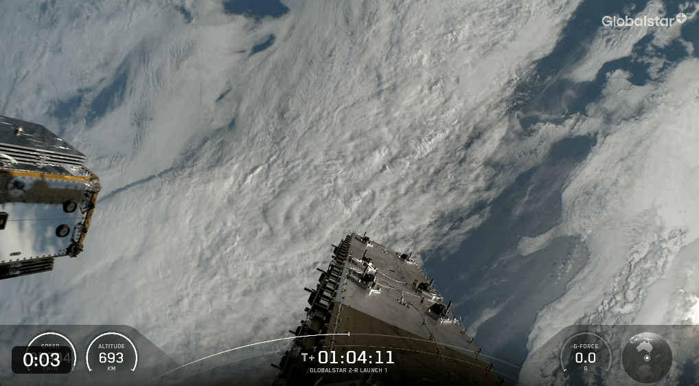 Views of one of Globalstar 2-R satellites being deployed by Falcon 9 upper stage in low-Earth orbit.