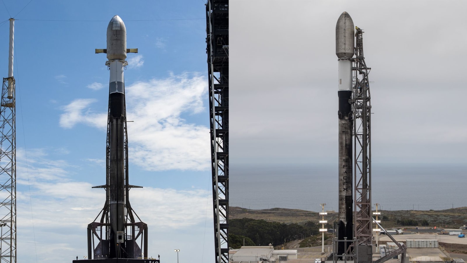 The Falcon 9 rockets stand tall at Cape Canaveral Space Force Station in Florida (L) and the Vandenberg Space Force Base in California (R).
