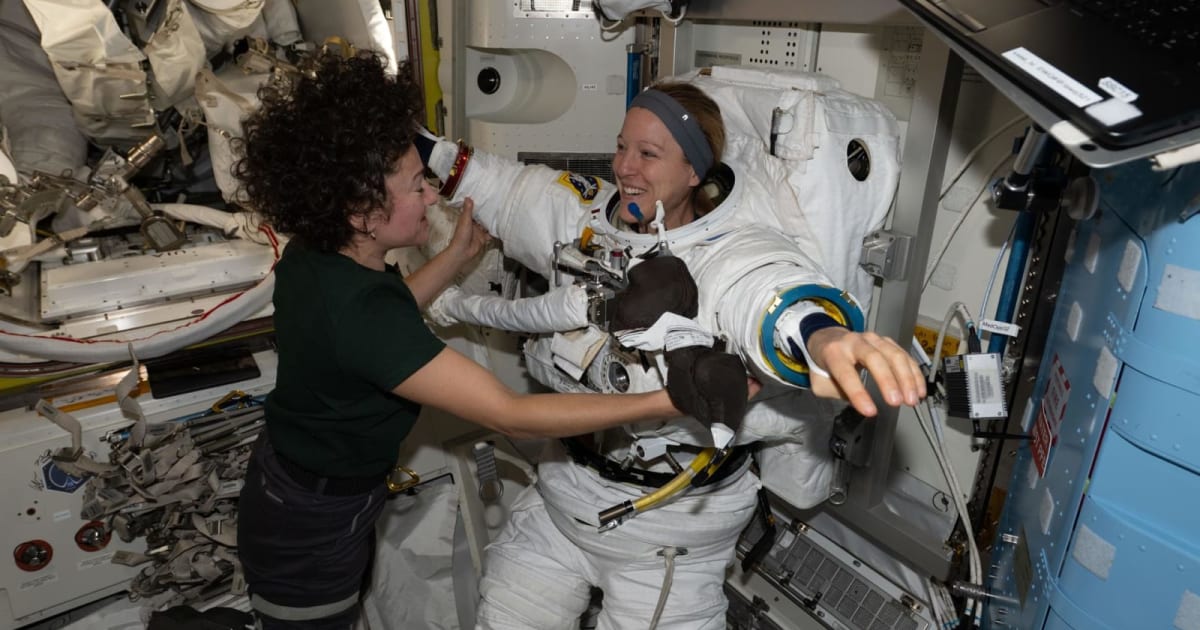 NASA astronaut Jessica Meir assisting Sophie Adenot in her spacesuit to conduct leak and pressure checks ahead of a spacewalk. — (Cover Image Source: NASA)