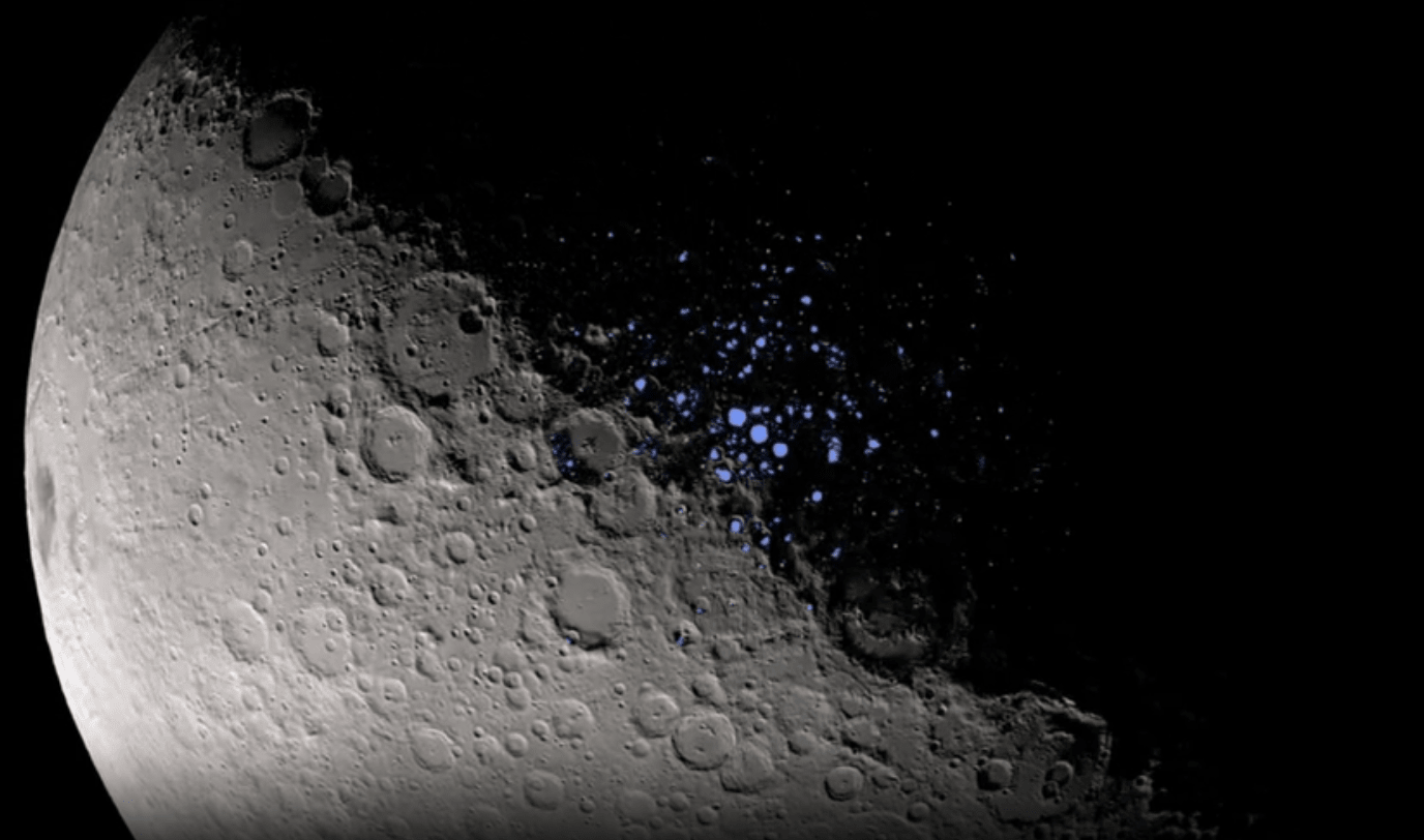 Illustration showing permanently shadowed craters on the Moon's south pole. Some craters are believed to have remained in dark over two billion years.