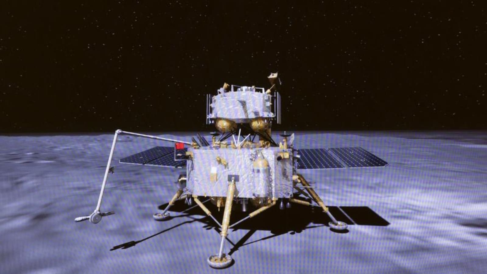 This image taken from video animation at Beijing Aerospace Control Center (BACC) shows the lander-ascender combination of Chang'e-6 probe, June 4, 2024.
