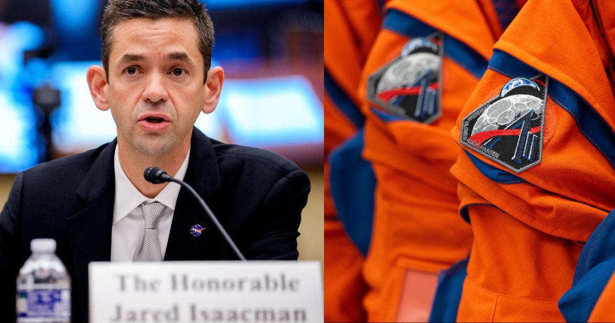 Image of NASA Administrator Jared Isaacman along with image of spacesuits worn by Artemis II (Cover Image Source: Andrew Harnik/Getty Images(L)/NASA(R))