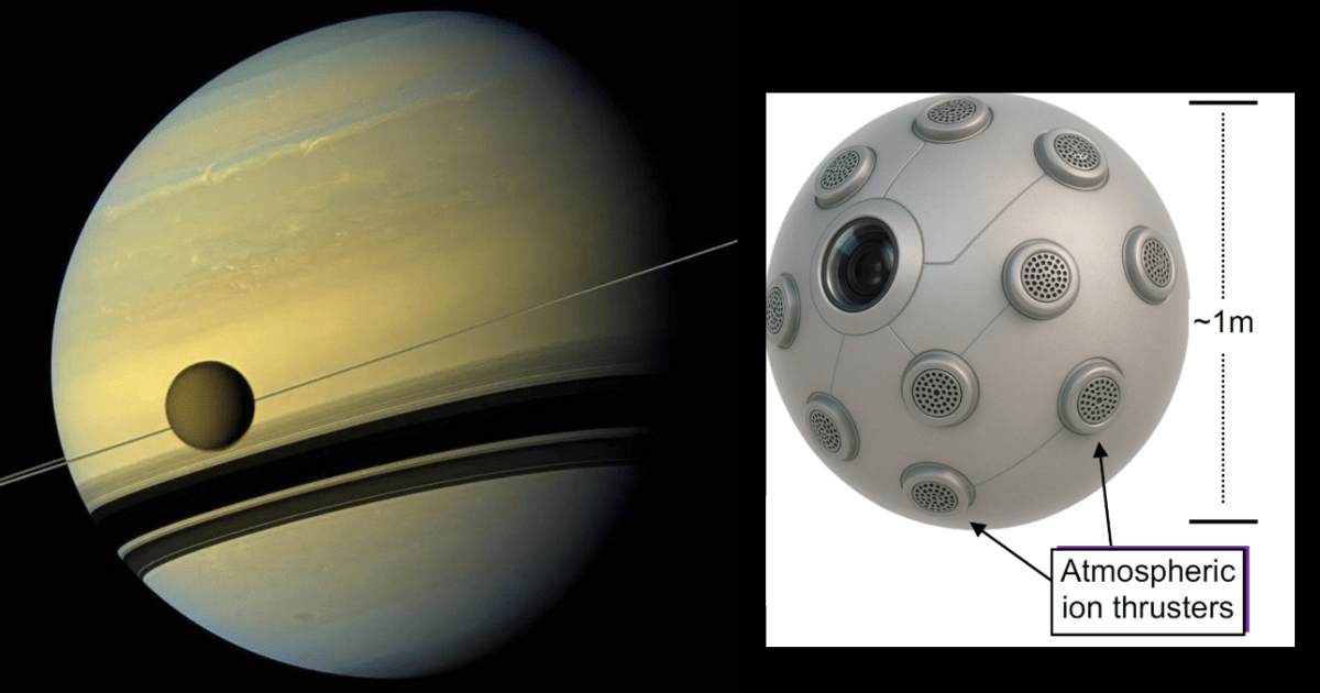 Image of moon Titan along with the image of a graphic depiction of the SPARK concept. (Image Source: NASA/JPL-Caltech/Space Science Institute (L)/Daniel Drew/University of Hawaii/NASA(R);edited in Canva)