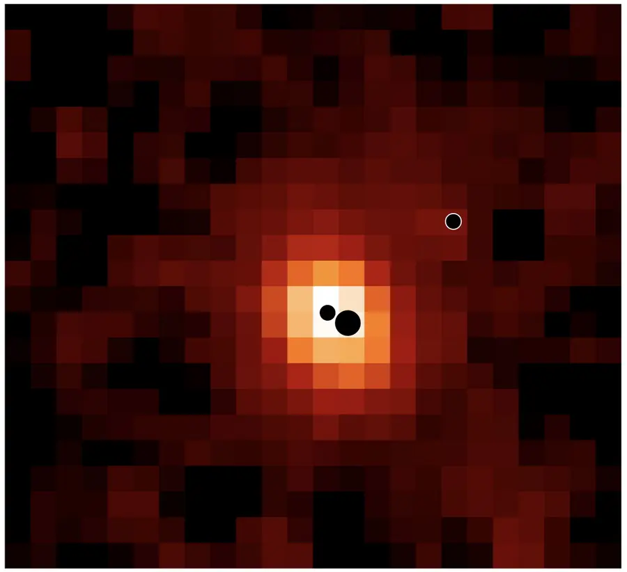 Map of the galaxy J0148-4214, with the locations of the three black holes marked in black.