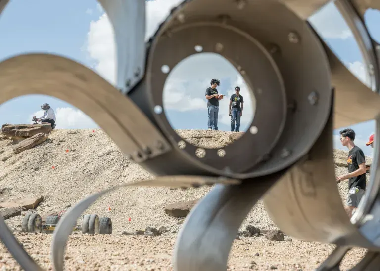 The Huff Helo lunar wheel prototype is tested at Johnson Space Center’s Rock Yard.