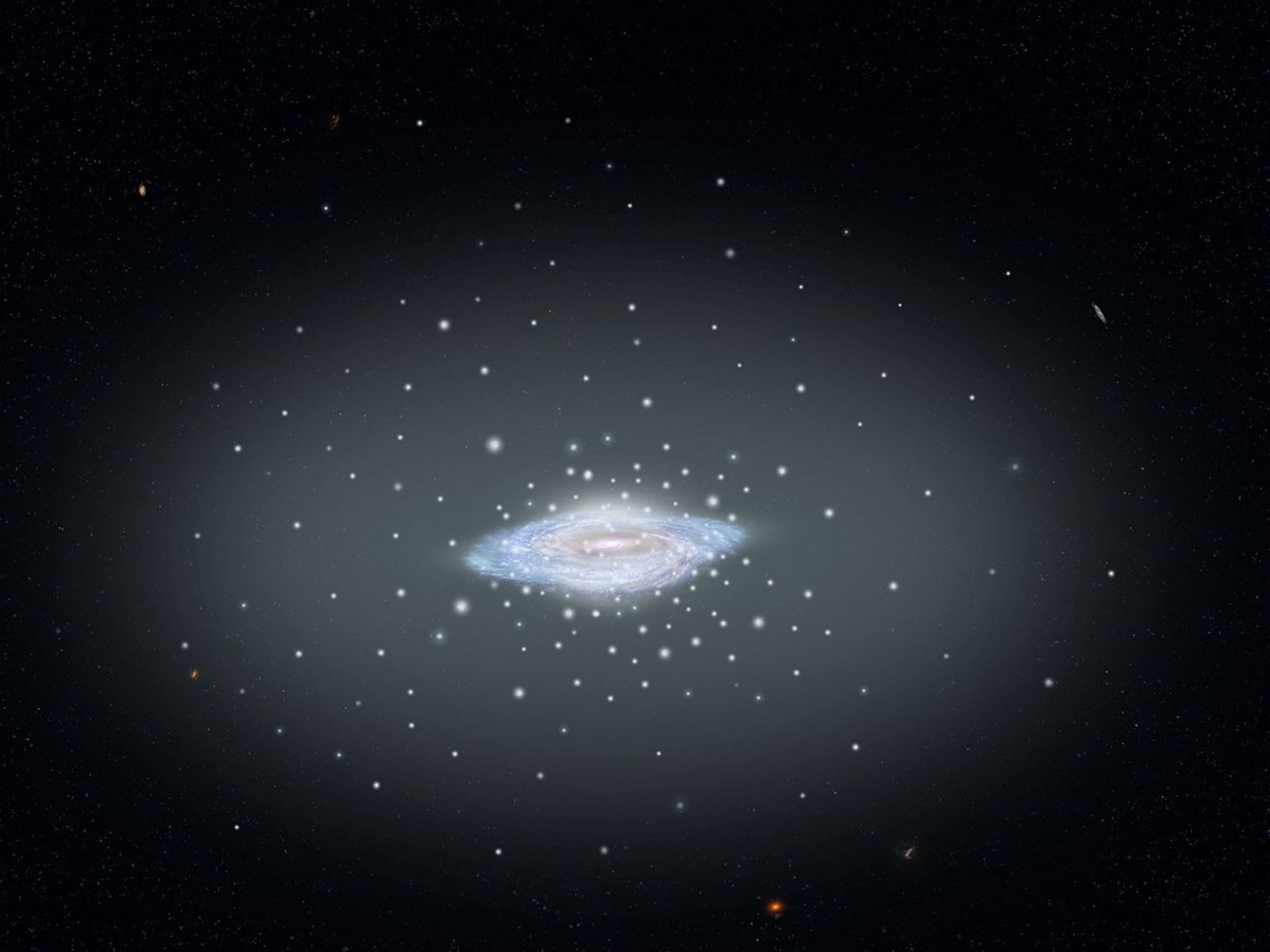 This illustration shows the fundamental architecture of our island city of stars, the Milky Way galaxy: a spiral disk, central bulge, and diffuse halo of stars and globular star clusters.