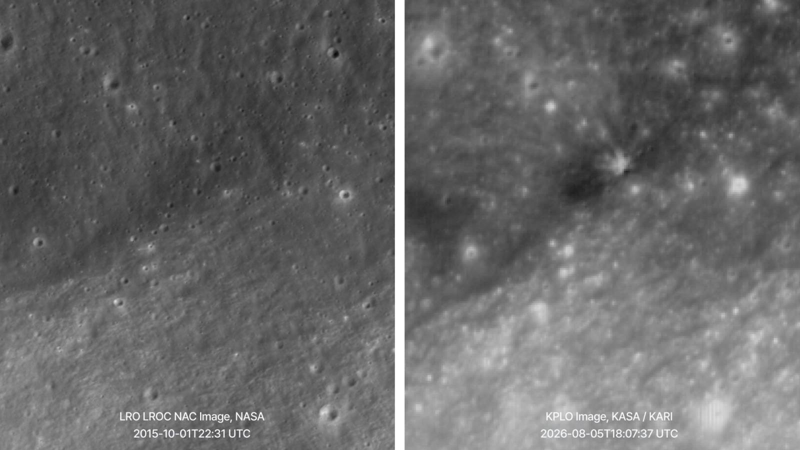 Before and after images of the impact site. Image on the left was captured by NASA's LRO in 2015, while the one on the right is from the Danuri orbiter, taken on August 5, 2026.