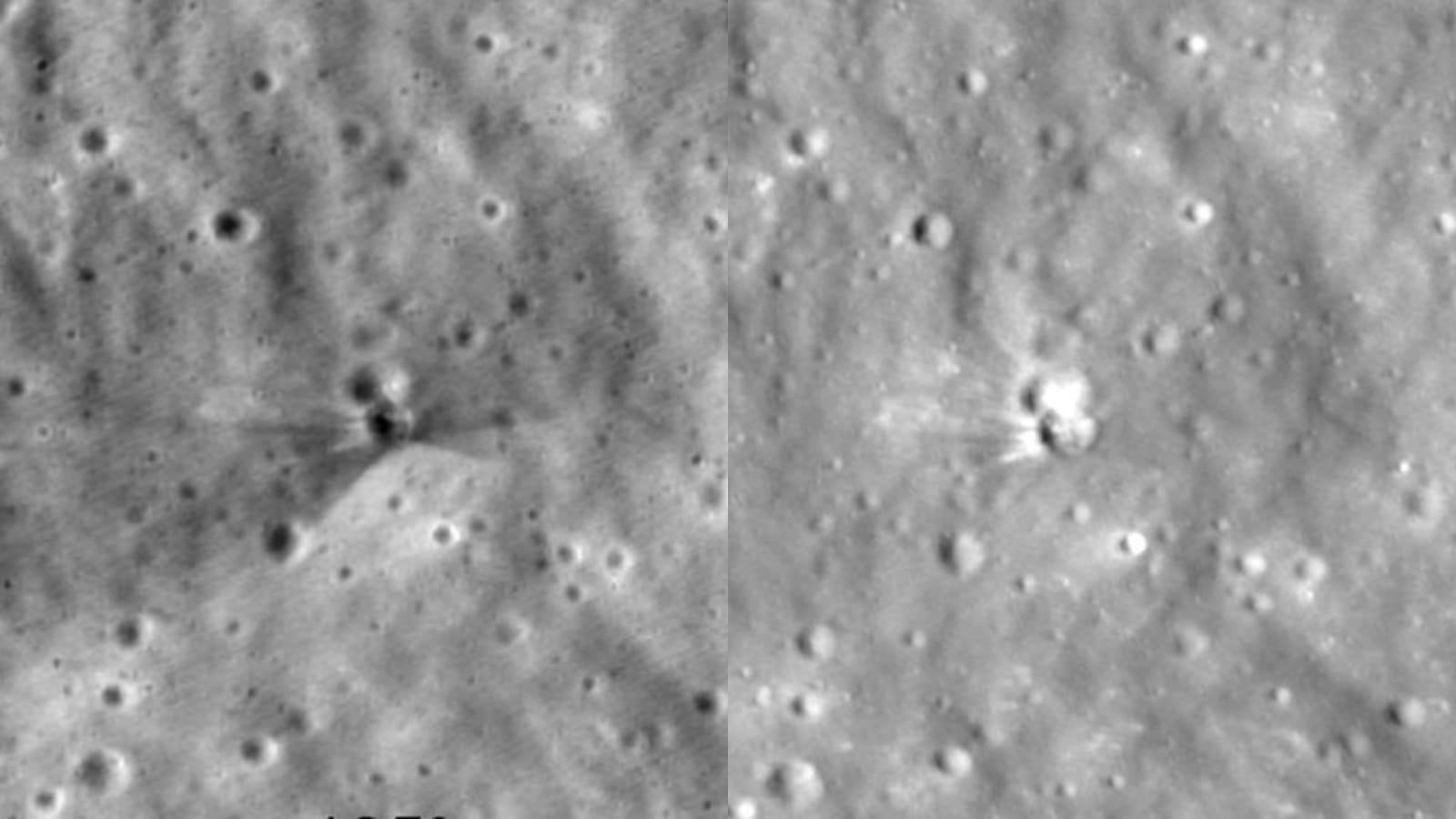 The crater image featuring dark streaks (on the left) show material excavated from 1.5 feet into the lunar surface which got altered over time; The bright streaks represent fresh material excavated from deeper underground.