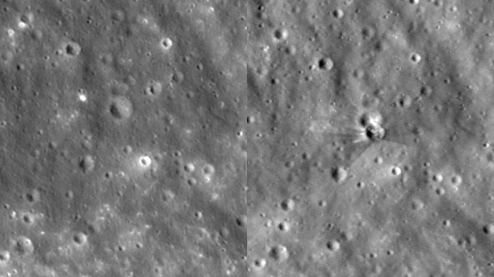 Before-and-after view between August 11 and 12 of the crater formed after a Falcon 9 upper stage struck the Moon’s surface on Aug. 5, 2026.