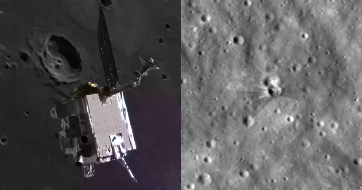 Artist's concept of NASA's LRO circling the Moon (L); Impact crater created by the Falcon 9 rocket debris on August 5, 2026 (R). — (Cover Image Source: NASA's Goddard Space Flight Center Conceptual Image Lab/NASA Goddard-Intuitive