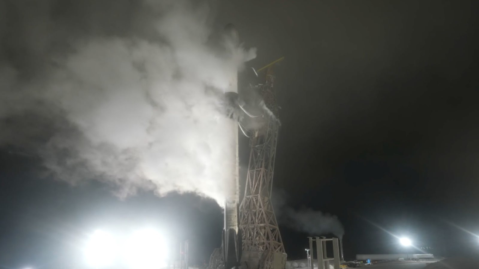 The Falcon 9 rocket at the launch pad in Space Launch Complex 4 East (SLC-4E) at Vandenberg prior to launch.