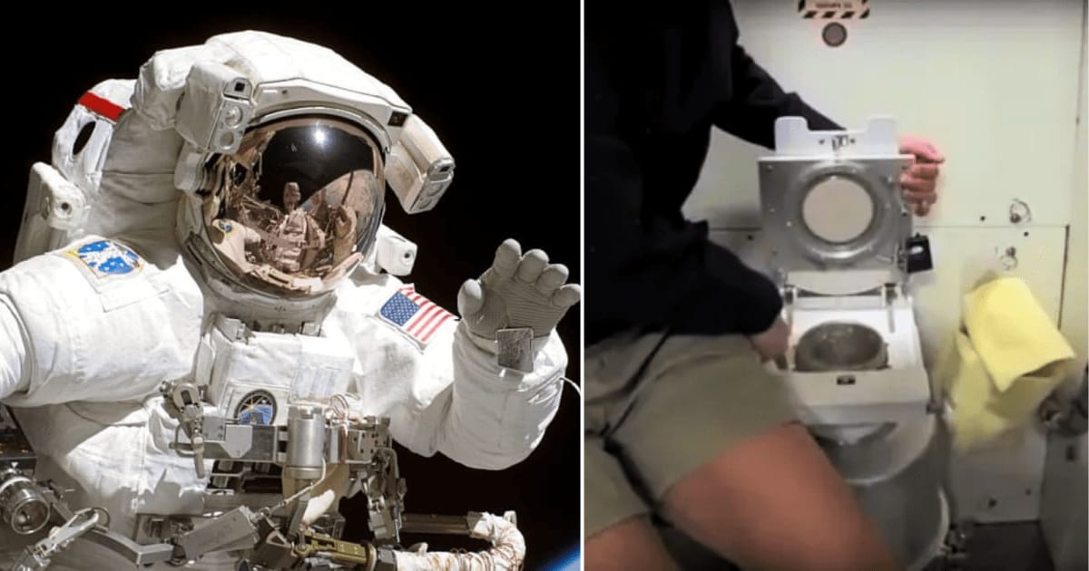 (L) American astronaut Joseph Tanner waves to the camera during a spacewalk in 2006; (R)NASA astronaut Suni Williams demonstrates how toilet is used aboard the ISS. (Cover Image Source: Left image by NASA/Getty and right by NASA Video/YouTube)