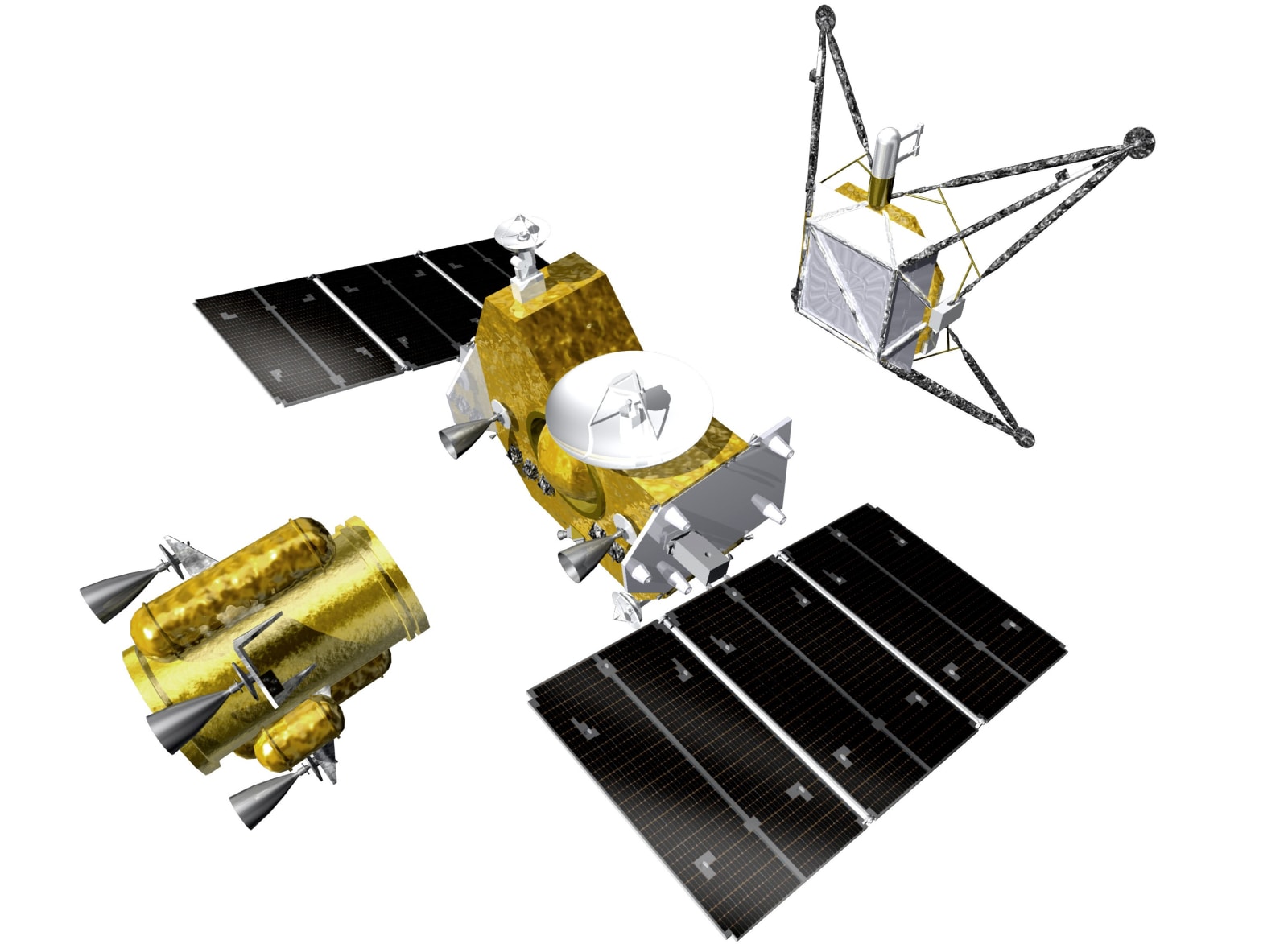 The MMX spacecraft comprises three modules, shown separated in this image. On the left is the propulsion module, the middle is the return module, and the exploration module on the right. (Representative Image Source: ESA)