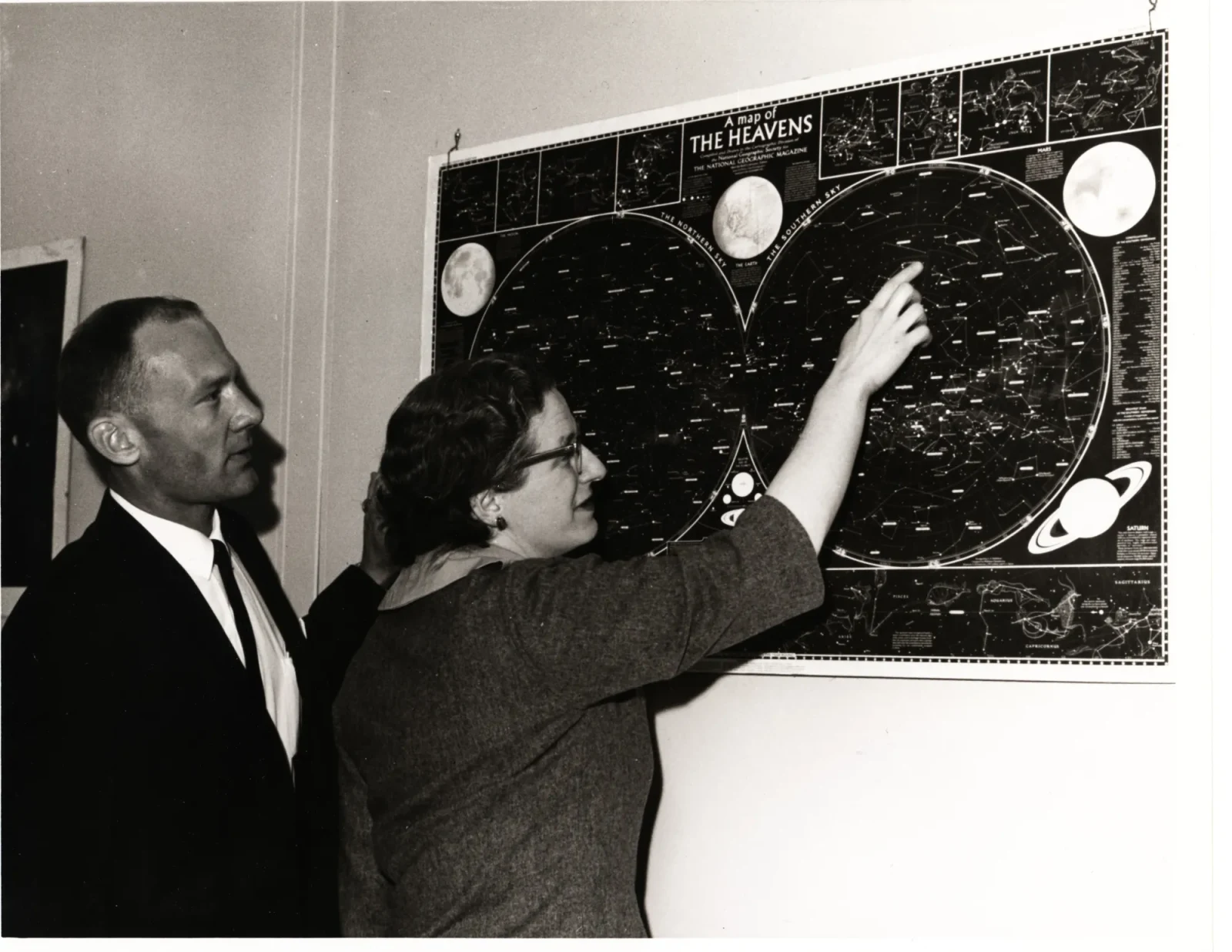 Nancy Grace Roman briefs NASA astronaut Buzz Aldrin on celestial objects in Washington D.C, 1965. Buzz Aldrin went on to walk on the Moon with Neil Armstrong during the Apollo 11 mission in 1969.