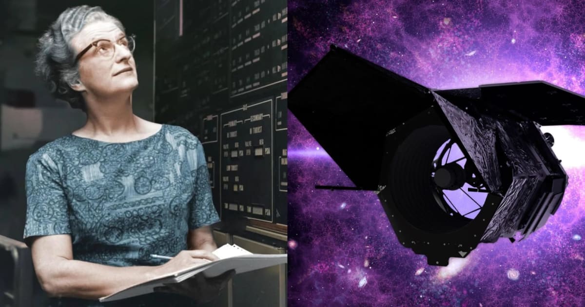 Nancy Grace Roman at the Goddard Space Flight Center in the early 1970s; Artist's illustration of the Nancy Grace Roman Telescope in space. — (Cover Image Source: NASA)