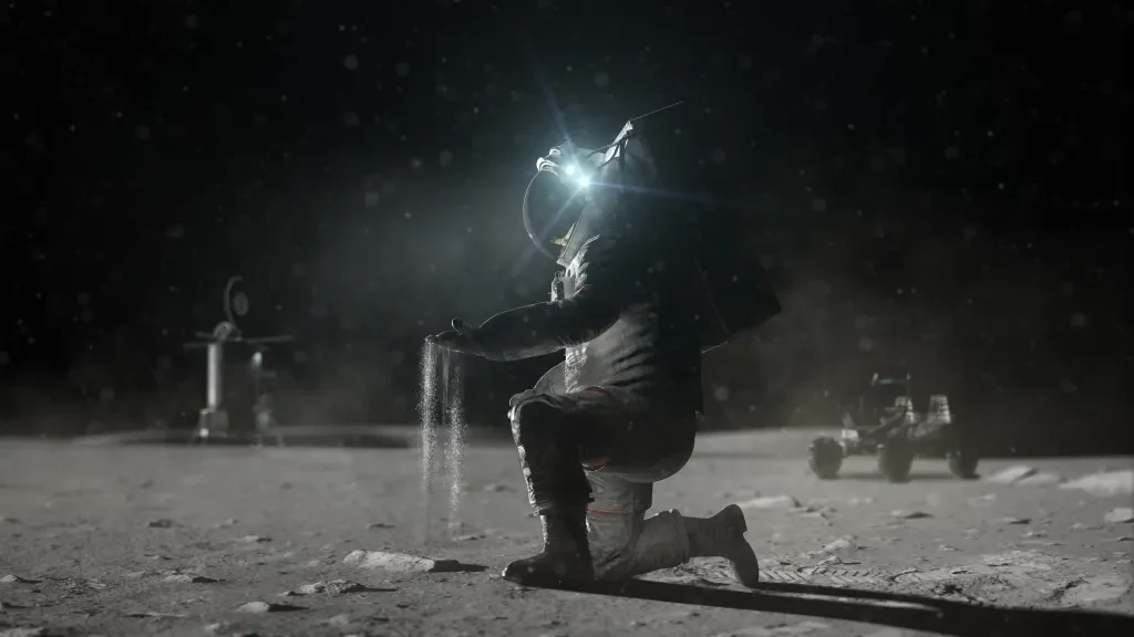 An artist rendering of an astronaut working on the lunar surface during a future Artemis mission.