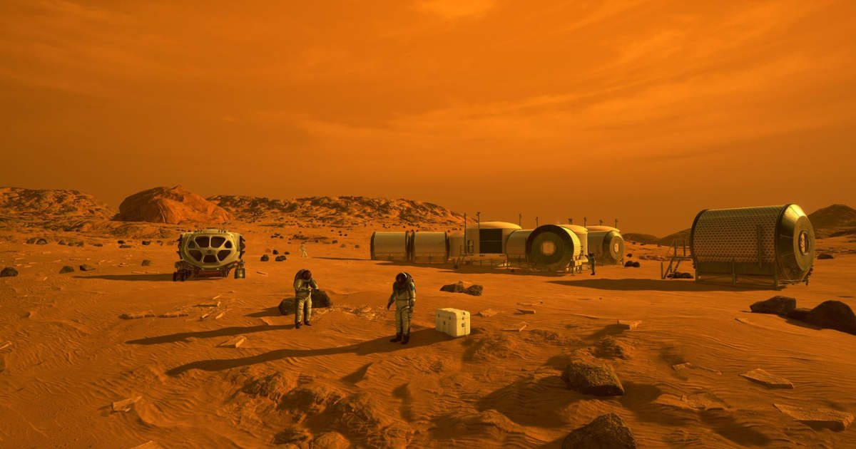 This is an artist's concept that depicts astronauts and human habitats on Mars. (Representative Cover Image Source: NASA)