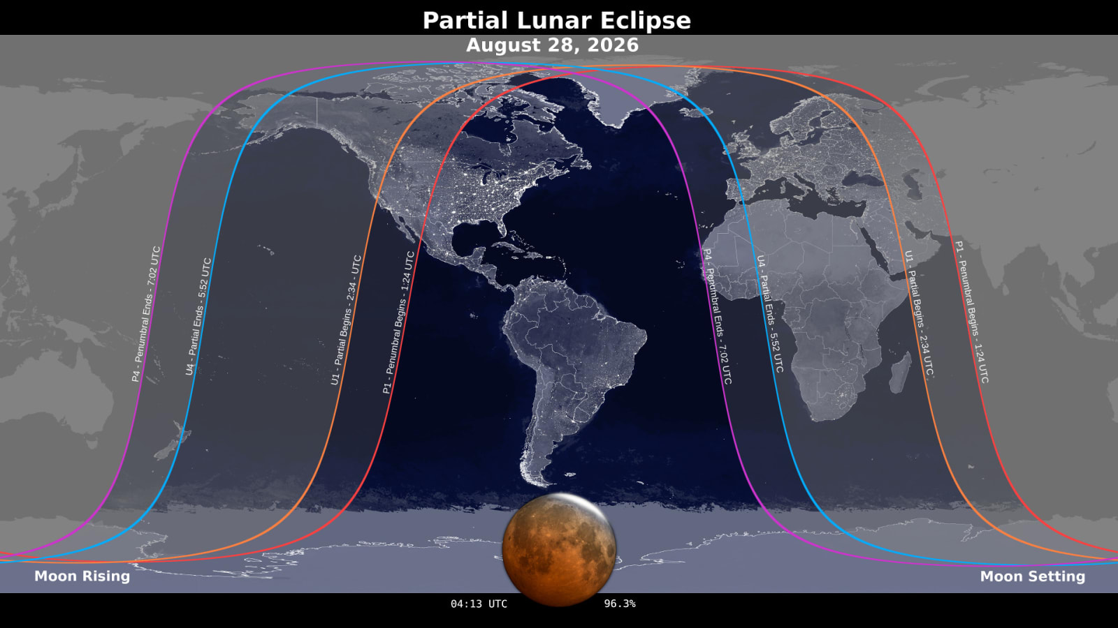 A world map showing where the eclipse is visible at different phases. &nbsp;(Image Source: NASA's Scientific VIsualization Studio/Visualizer: Ernie Wright)