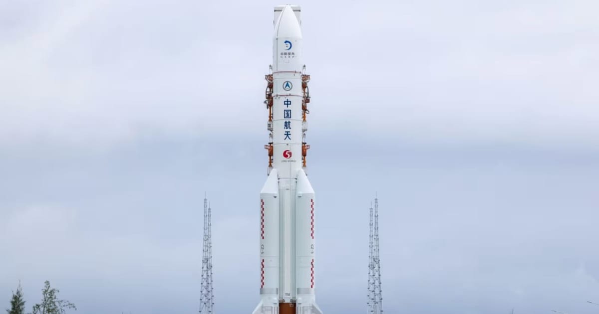 The Long March 5 rocket carrying the Chang'e-7 mission stands tall at  the Wenchang spaceport in southern China’s Hainan province. (Cover Image Source: Yang Guanyu/Getty/Xinhua)