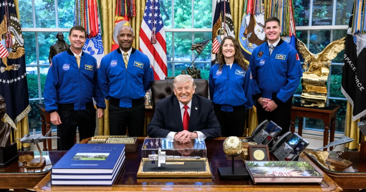 Artemis II crew (from left) NASA astronauts Reid Wiseman, Victor Glover, Christina Koch, and Canadian astronaut Jeremy Hansen in the White House Oval Office with President Donald Trump, April 29, 2026. (Cover Image Source: The White House)