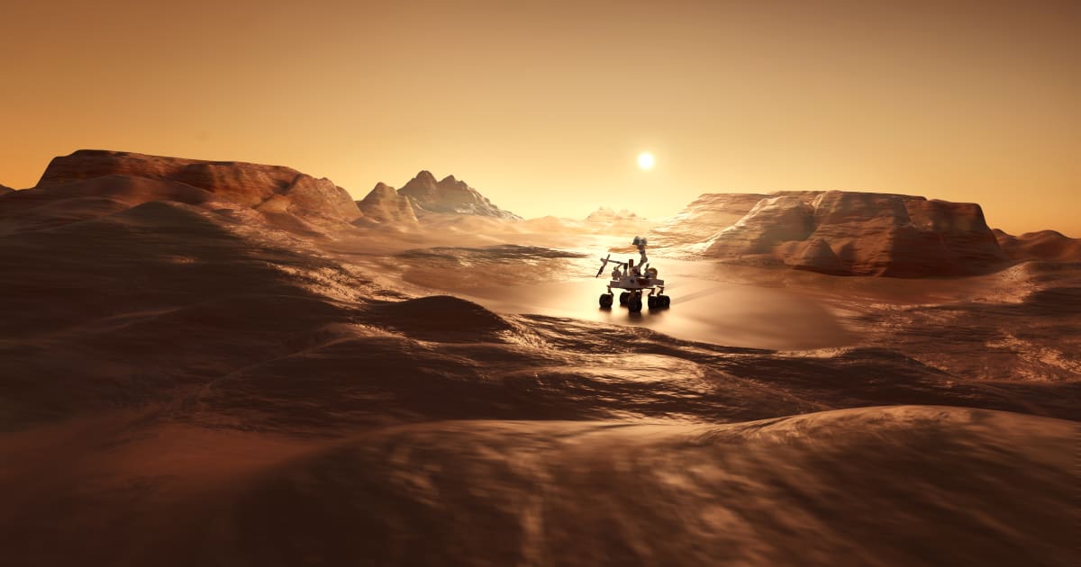 A rover on the surface of mars looking for signs of life. Science and exploration 3D illustration. (Cover Image Source: Getty Images | solarseven)