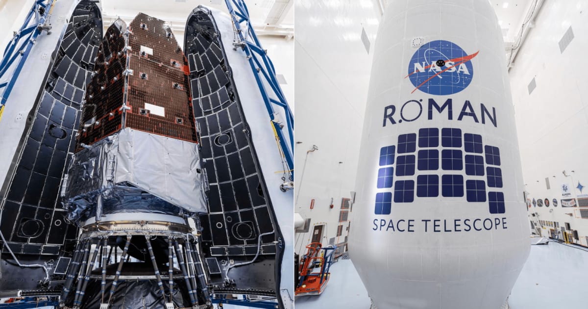 NASA's Nancy Grace Roman Space Telescope photographed before (L) and after (R) its encapsulation inside the Falcon Heavy fairing. (Cover Image Source: X/SpaceX; NASA/Sydney Rohde)