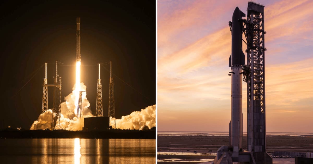 A Falcon 9 rocket launches 29 Starlink satellites from Florida (L). Sunset at Starbase with a fully stacked Starship (R). (Cover Image Source: X/@SpaceX)