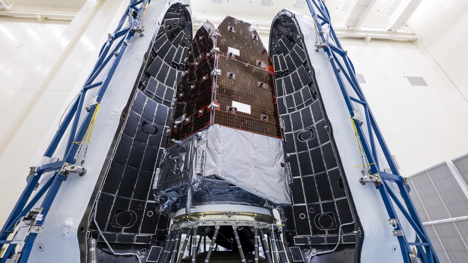 NASA's Nancy Grace Roman telescope being encapsulated in the payload fairing of SpaceX's Falcon Heavy rocket on August 25, 2026.
