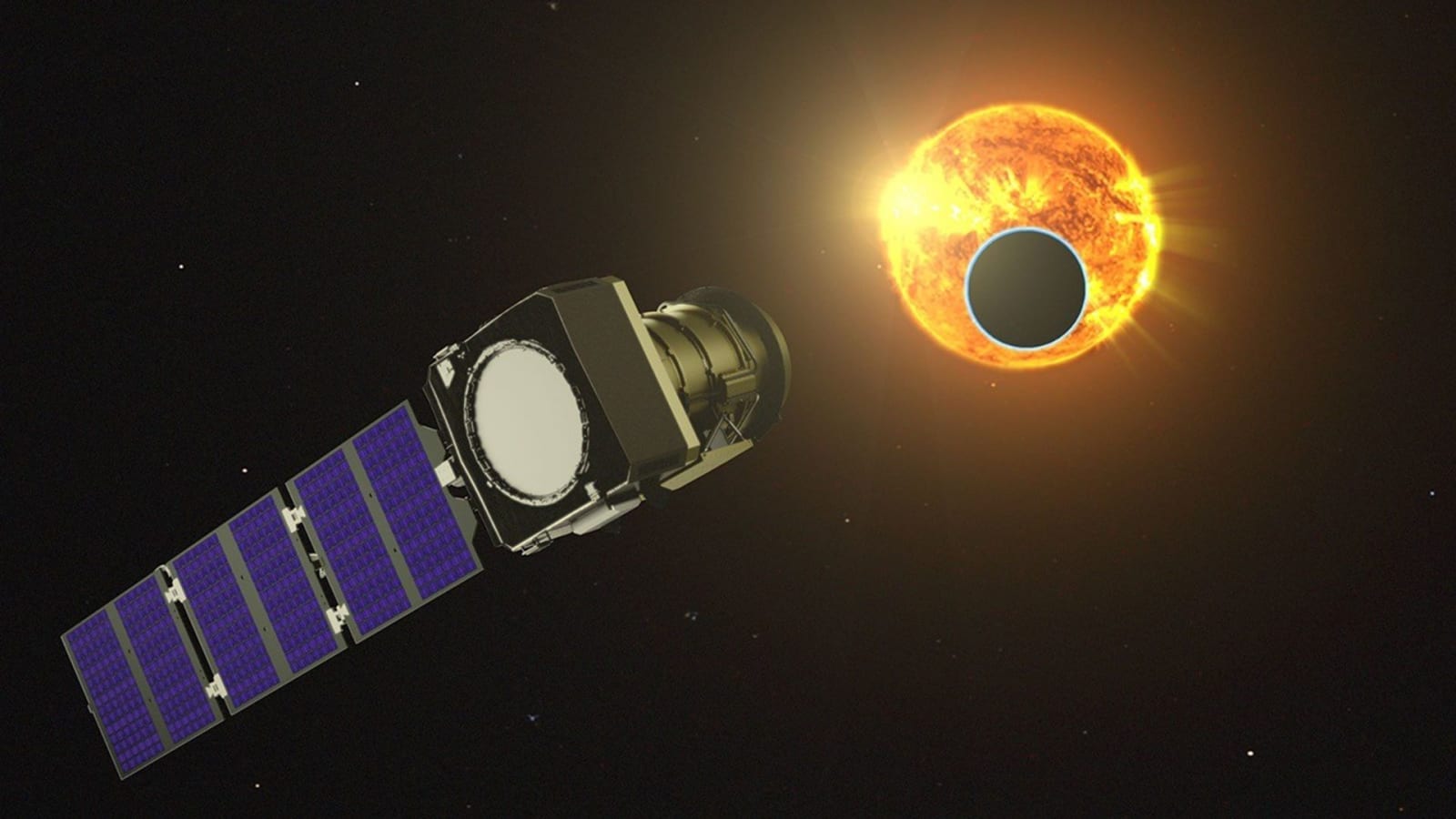 An artist's concept of the Pandora mission, seen here without the thermal blanketing that will protect the spacecraft, observing a star and its transiting exoplanet.
