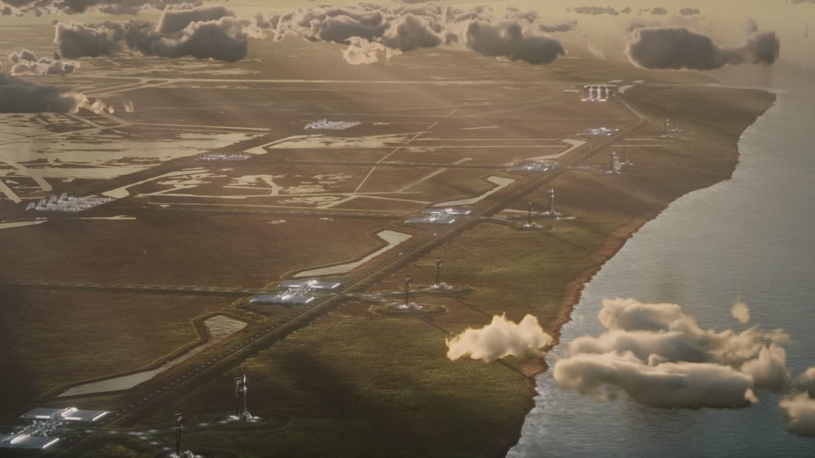 Artist's concept of Starbase rockets lined at the launch pads along the coast of Starbase Louisiana.