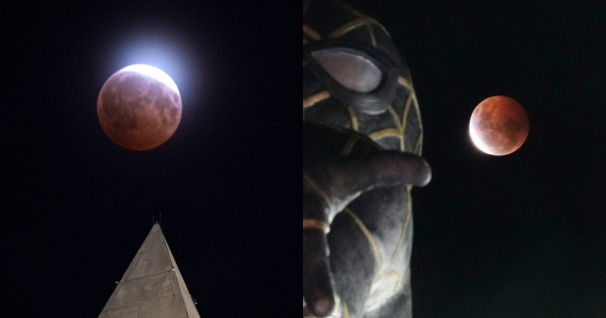 A lunar eclipse is seen through clouds behind the Washington Monument in Washington (L); The Moon rises behind a Spider-Man statue during a partial lunar eclipse in El Alto, Bolivia (R). (Cover Image Source: AP Photo/Juan Karita/Cliff Owen)