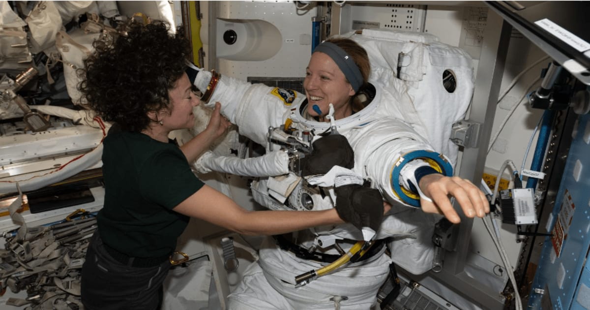 NASA astronaut Jessica Meir and ESA (European Space Agency) astronaut Sophie Adenot work together inside the International Space Station’s Quest airlock during spacesuit fit and leak checks. (Cover Image Source: NASA)
