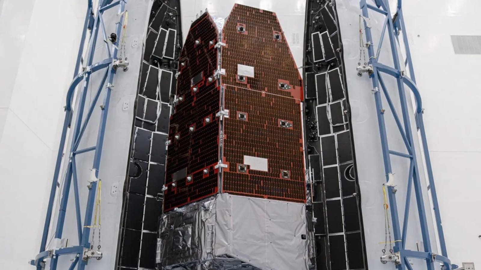 The Nancy Grace Roman Space Telescope photographed inside the payload fairing of SpaceX's Falcon Heavy rocket prior to launch.