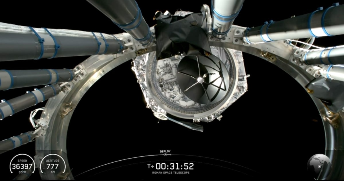 Onboard camera view of the Nancy Grace Roman Telescope's deployment from the Falcon Heavy upper stage. — (Cover Image Source: SpaceX)