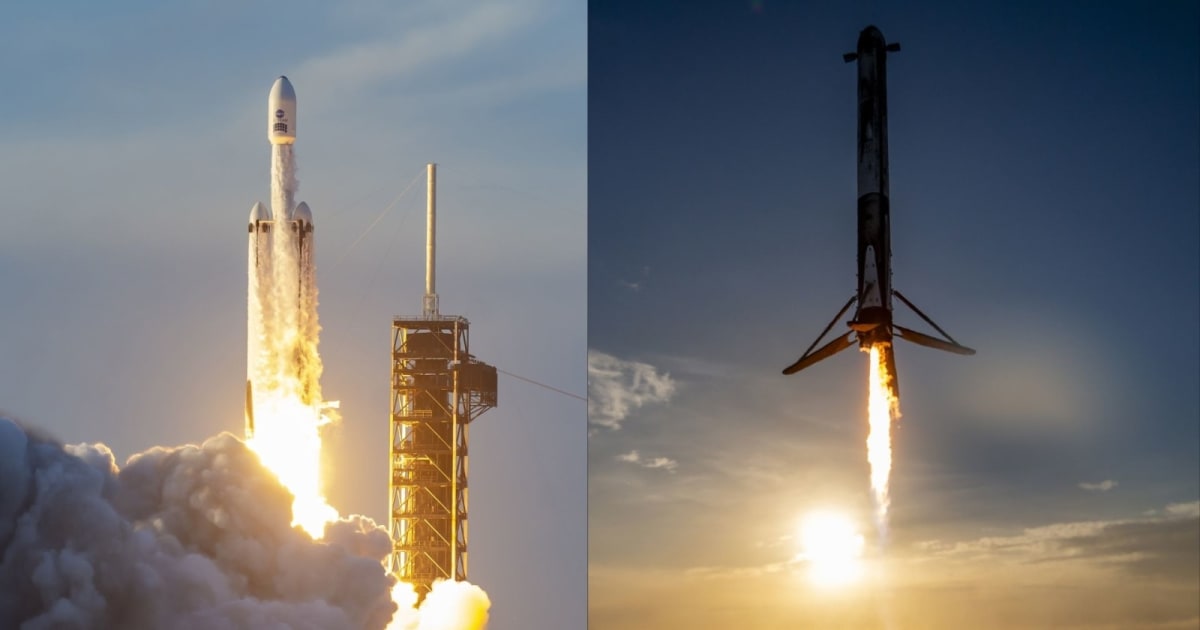 The Falcon Heavy rocket lifts off with NASA's Nancy Grace Roman Space Telescope from the Kennedy Space Center (L); One of the side boosters descend for a touchdown at the landing zone in Cape Canaveral (R). — (Cover Image Source: SpaceX)