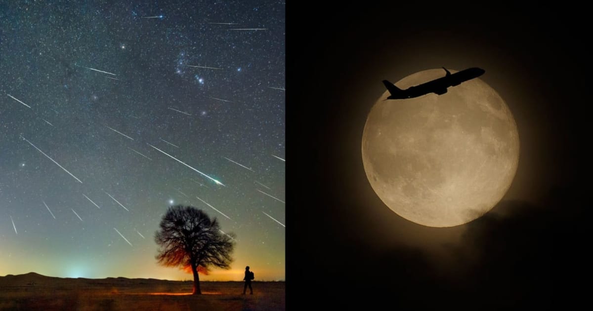 Representative image of a meteor shower on December 13, 2020, in the Kubuqi Desert of Inner Mongolia, China (L); A plane flies in front of the Harvest Moon on October 7, 2025, in London, England (R). (Cover Image Source: Getty/Wenbin/Dan Kitwood)