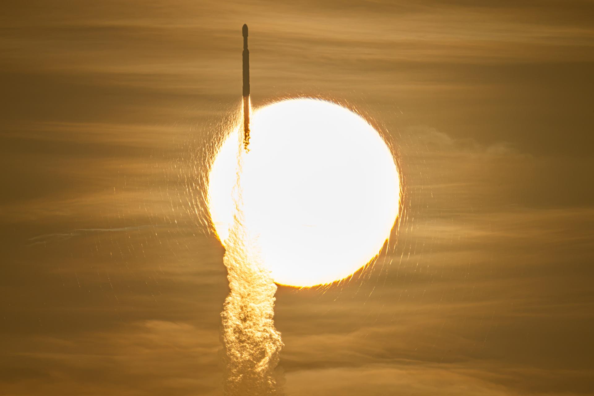 A SpaceX Falcon Heavy rocket with NASA’s Nancy Grace Roman Telescope on board is seen transiting the sun during launch from Launch Complex 39A, Sunday, Aug. 30, 2026, at NASA’s Kennedy Space Center in Florida.