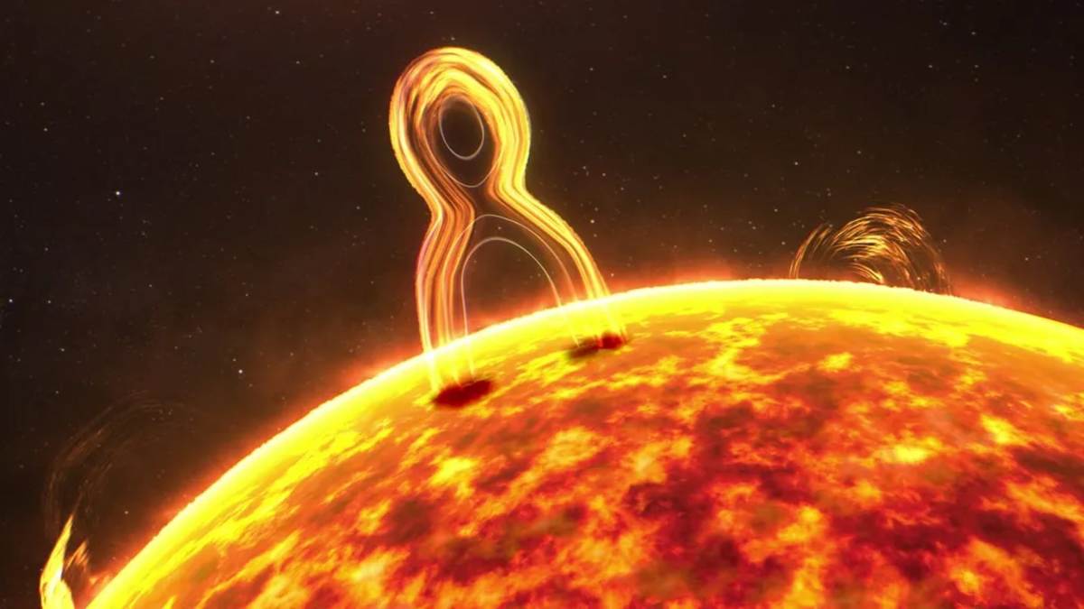 A screenshot from an animation by NASA depicting the process of magnetic reconnection on the Sun.